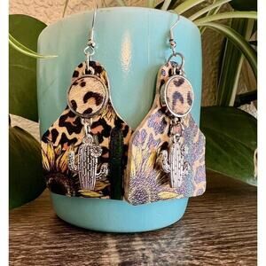 Women’s Leopard Cactus Cow Tag Earrings Handmade W/Dangle Accent NEW
